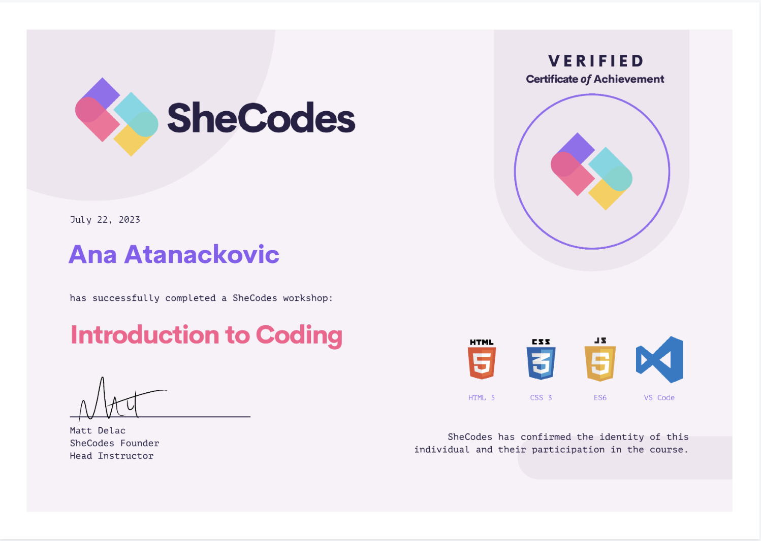 SheCodes Certificate 1